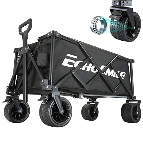 EchoSmile Collapsible Folding Wagon Cart, Beach Wagon for Sand with Big Wheels, Heavy Duty 400lbs Capacity Utility Wagon, Portable Garden Cart with Adjustable Handle, Foldable Grocery Wagon for Sports