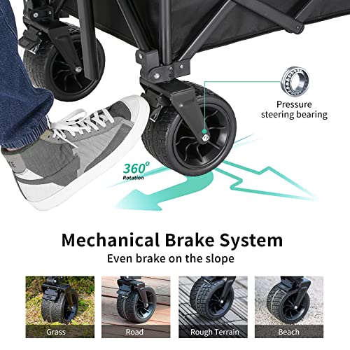 EchoSmile Collapsible Folding Wagon Cart, Beach Wagon for Sand with Big Wheels, Heavy Duty 400lbs Capacity Utility Wagon, Portable Garden Cart with Adjustable Handle, Foldable Grocery Wagon for Sports