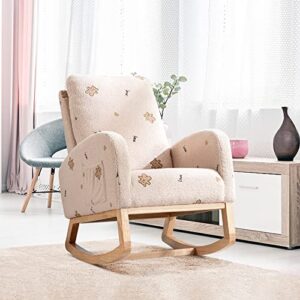 cute comfy rocking chair for baby nursery, upholstered rocker chair with high backrest and side pocket, modern armchair for living room, glider rocker with solid wood, quiet rocking design, beige