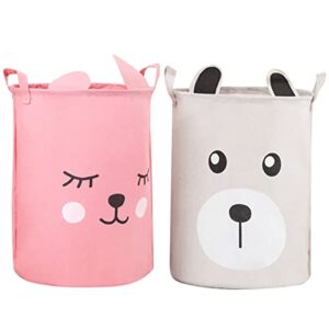 Ghopy 2Pcs Laundry Basket Foldable Bag Cute Dirty Clothes Hamper Collapsible Storage with Handle Canvas Toy box, Bathroom/Dorm/College/Nursery/Girls/Boy/Kids/Baby Washing Organizer, Room Decor/Bedroom