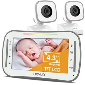 axvue video baby monitor, comfortable slim design handheld enclosure, 4.3" screen monitor & 2 camera, range up to 1000ft, 12 hour battery life, 2-way talk, night vision, temperature monitor, no wifi