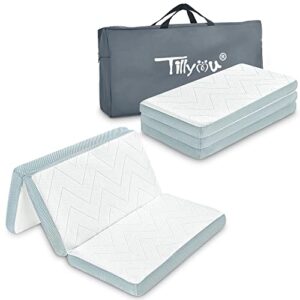 tillyou portable crib mattresses, memory foam pack n play mattress pad, mini crib mattress nap mat, portable trifold playard mattress, 38x26x2.25 inches