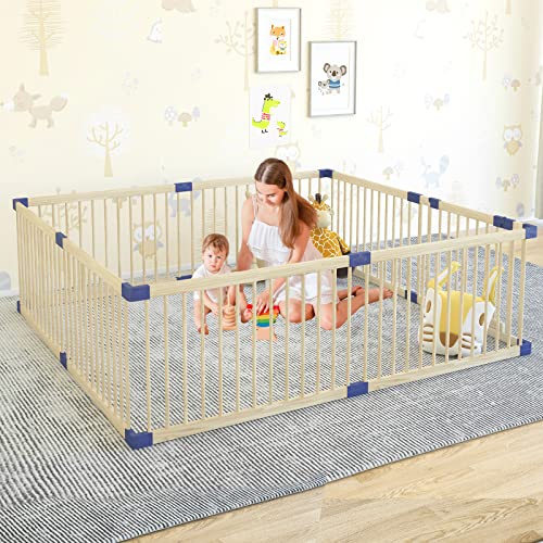 Linor Baby Playpen Kids Fence with Safety gate, 78.7"x70.8" Extra Large Playpen for Babies and Toddlers, Baby Play Yards, Activity Center Playpen for Twins, Children, 100% Natural Wood