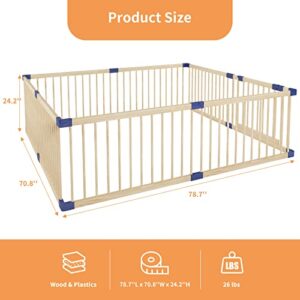 Linor Baby Playpen Kids Fence with Safety gate, 78.7"x70.8" Extra Large Playpen for Babies and Toddlers, Baby Play Yards, Activity Center Playpen for Twins, Children, 100% Natural Wood