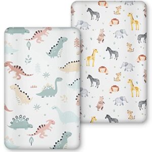 crib sheets for boys and girls, baby crib sheet neutral for standard crib mattress & toddler bed mattress, soft and safe jersey knit cotton, 2 pack (dinosaur&animal)
