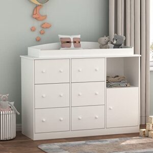 ecacad nursery storage dresser chest with 6 drawers & guard table top, modern chest of drawers with door & 2 cubes for bedroom, nursery, white (53.7”l x 18.4”w x 37.4”h)