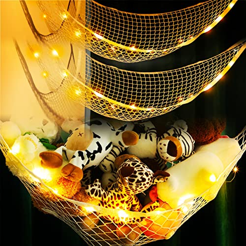 Shappy 3 Pcs Stuffed Animal Net or Hammock with LED Light Hanging Stuffed Animal Hammock Corner Stuffed Animal Holder Toy Storage Organizer 13 Feet String and Hooks for Nursery Bedroom Kids Room Decor