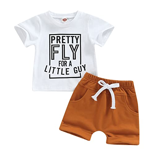 Infant Baby Boys Summer Clothes Sets Outfits Letter Print Short Sleeve T-Shirt and Stretch Casual Rolled Shorts Set (White, 12-18 Months)