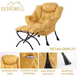 SESHINELL Faux Leather Lazy Chair with Ottoman, Suede Modern Accent Chair Contemporary Lounge Leisure Sofa Chair with Armrests, Reading Chair and Folding Footstool Set for Living Room, Bedroom, Yellow