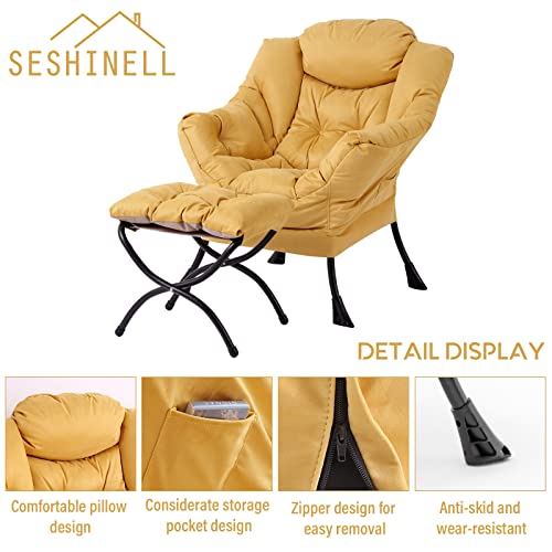 SESHINELL Faux Leather Lazy Chair with Ottoman, Suede Modern Accent Chair Contemporary Lounge Leisure Sofa Chair with Armrests, Reading Chair and Folding Footstool Set for Living Room, Bedroom, Yellow