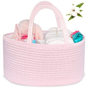 abenkle baby diaper caddy, nursery storage bin and car organizer for diapers and baby wipes, cotton rope diaper basket caddy, changing table diaper storage caddy baby gift baskets, pink