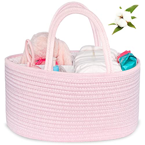 ABenkle Baby Diaper Caddy, Nursery Storage Bin and Car Organizer for Diapers and Baby Wipes, Cotton Rope Diaper Basket Caddy, Changing Table Diaper Storage Caddy Baby Gift Baskets, Pink