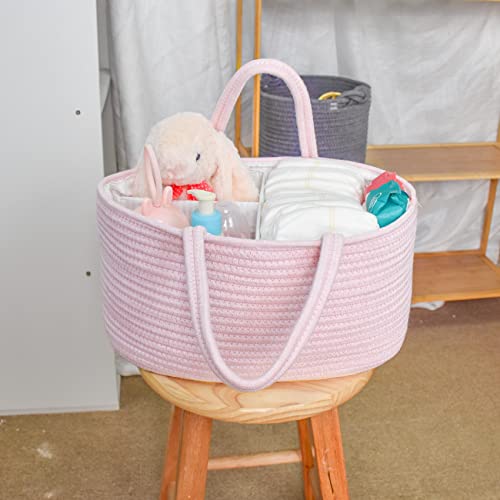ABenkle Baby Diaper Caddy, Nursery Storage Bin and Car Organizer for Diapers and Baby Wipes, Cotton Rope Diaper Basket Caddy, Changing Table Diaper Storage Caddy Baby Gift Baskets, Pink