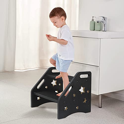 Nursery Step Stool for Kids, 2 Step Toddler Step Stool with Openwork Stars, Toddler Potty Training Step Stool, Kitchen Step Stool with Non-Slip Step Treads and 4 Cutout Handles, Toddler Step Stool