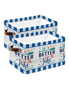storage basket summer lake quote and seagull storage bin with handles,blue stripe on wooden plank collapsible organizer storage cubes bins for closet,laundry clothes,bathroom,nursery toys