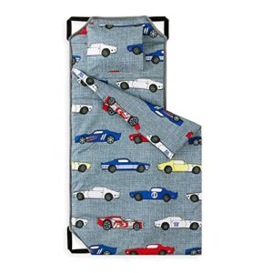wake in cloud - nap mat with pillow for kids toddler boys girls, fit preschool daycare sleeping cot with elastic corner straps, sports race cars supercars on gray grey, 100% soft microfiber