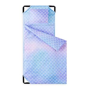 wake in cloud - nap mat with pillow for kids toddler boys girls, fit preschool daycare sleeping cot with elastic corner straps, mermaids scales in gradient pink purple blue, 100% soft microfiber