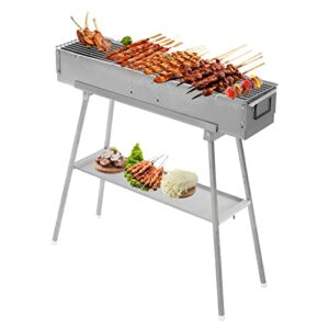 portable charcoal grill - stainless steel bbq grill with foldable stand adjustable air vents, lamb skewer camping barbecue grill, ideal for outdoor bbq, picnic, camping backyard party (31.6x7.1inch)