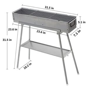 Portable Charcoal Grill - Stainless Steel BBQ Grill with Foldable Stand Adjustable Air Vents, Lamb Skewer Camping Barbecue Grill, Ideal for Outdoor BBQ, Picnic, Camping Backyard Party (31.6x7.1inch)