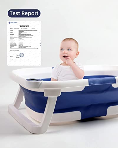 NAPEI Collapsible Baby Bathtub,Baby Bath Tub with Soft Cushion & Thermometer,Portable Travel Bathtub with Drain Hole,Durable Baby Bathtub Newborn to Toddler 0-36 Months(Blue+ Floating Soft Cushion)