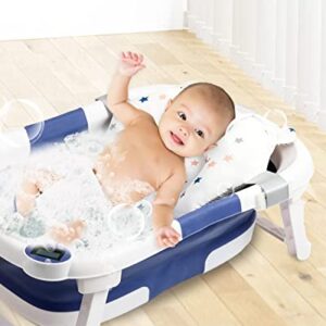 NAPEI Collapsible Baby Bathtub,Baby Bath Tub with Soft Cushion & Thermometer,Portable Travel Bathtub with Drain Hole,Durable Baby Bathtub Newborn to Toddler 0-36 Months(Blue+ Floating Soft Cushion)