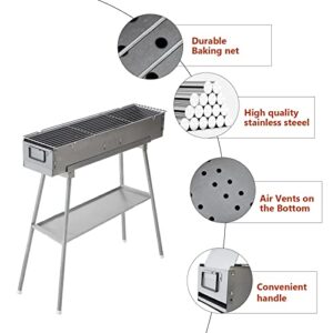 Portable Charcoal Grill - Stainless Steel BBQ Grill with Foldable Stand Adjustable Air Vents, Lamb Skewer Camping Barbecue Grill, Ideal for Outdoor BBQ, Picnic, Camping Backyard Party (31.6x7.1inch)