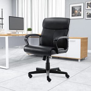 Office Chair, Leather Executive Office Chair Mid Back Soft Comfy Ergonomic Desk Chair,Swivel Rolling Task Chair,Adjustable Height& Tilt Home Office Chair with Wheels Padded Armrest,Black