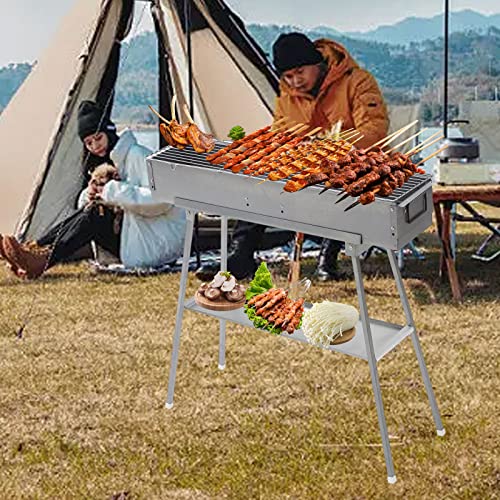 Portable Charcoal Grill - Stainless Steel BBQ Grill with Foldable Stand Adjustable Air Vents, Lamb Skewer Camping Barbecue Grill, Ideal for Outdoor BBQ, Picnic, Camping Backyard Party (31.6x7.1inch)