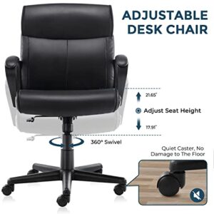 Office Chair, Leather Executive Office Chair Mid Back Soft Comfy Ergonomic Desk Chair,Swivel Rolling Task Chair,Adjustable Height& Tilt Home Office Chair with Wheels Padded Armrest,Black