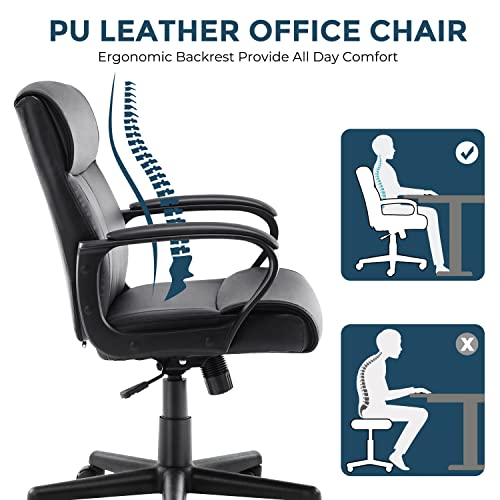 Office Chair, Leather Executive Office Chair Mid Back Soft Comfy Ergonomic Desk Chair,Swivel Rolling Task Chair,Adjustable Height& Tilt Home Office Chair with Wheels Padded Armrest,Black