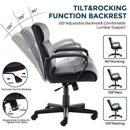 Office Chair, Leather Executive Office Chair Mid Back Soft Comfy Ergonomic Desk Chair,Swivel Rolling Task Chair,Adjustable Height& Tilt Home Office Chair with Wheels Padded Armrest,Black