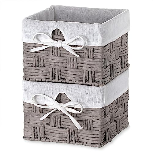 EZOWare Set of 2 Woven Paper Rope Wicker Storage Nest Basket Organizer Container Bins with Liner for Organizing Kids Baby Closets, Room Decor, Toys, Towels, Gift Baskets Empty - Gray (7 x 7 x 5.5")