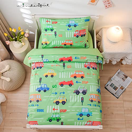 A Nice Night 4PCS Toddler Bedding Set, Transport Vehicles Cars Pattern, Comforter Sets,Includes Comforter, Flat Sheet, Fitted Sheet and Pillowcase,Green