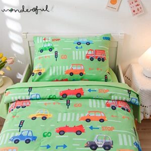 A Nice Night 4PCS Toddler Bedding Set, Transport Vehicles Cars Pattern, Comforter Sets,Includes Comforter, Flat Sheet, Fitted Sheet and Pillowcase,Green