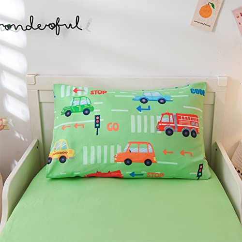 A Nice Night 4PCS Toddler Bedding Set, Transport Vehicles Cars Pattern, Comforter Sets,Includes Comforter, Flat Sheet, Fitted Sheet and Pillowcase,Green