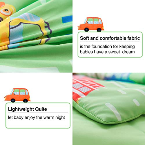 A Nice Night 4PCS Toddler Bedding Set, Transport Vehicles Cars Pattern, Comforter Sets,Includes Comforter, Flat Sheet, Fitted Sheet and Pillowcase,Green