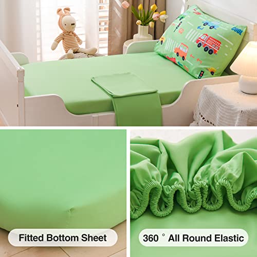 A Nice Night 4PCS Toddler Bedding Set, Transport Vehicles Cars Pattern, Comforter Sets,Includes Comforter, Flat Sheet, Fitted Sheet and Pillowcase,Green