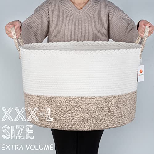 Extra Large 100% Cotton Rope Basket 21.7" x 21.7" x 13.8"-XXXL Woven Blanket Basket with Handles/Clothes Hamper Collapsible/Portable Nursery Storage Bin/Baby Toys Box/Laundry Baskets for Kids