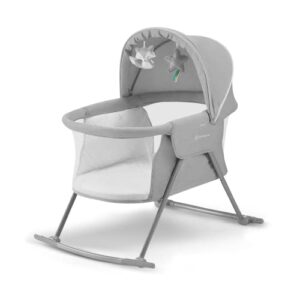 kinderkraft lovi travel bassinet for baby in grey, portable folding baby bed with built-in mosquito net, adjustable hood and an additional cradle function