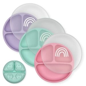 hippypotamus toddler plates with suction - baby plates - 100% food-grade silicone divided plates - bpa free - dishwasher safe - set of 3 (sage/blush/nude) (pink/mint/lavender with lids)