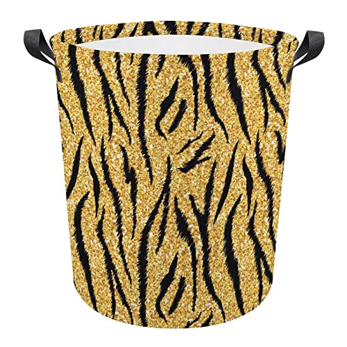 Golden Tiger Skin Foldable Laundry Basket Waterproof Hamper Storage Bin Bag with Handle 16.5"x 16.5"x 17"