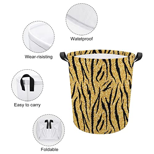 Golden Tiger Skin Foldable Laundry Basket Waterproof Hamper Storage Bin Bag with Handle 16.5"x 16.5"x 17"