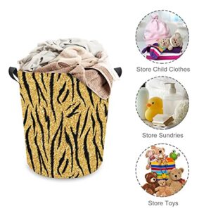 Golden Tiger Skin Foldable Laundry Basket Waterproof Hamper Storage Bin Bag with Handle 16.5"x 16.5"x 17"