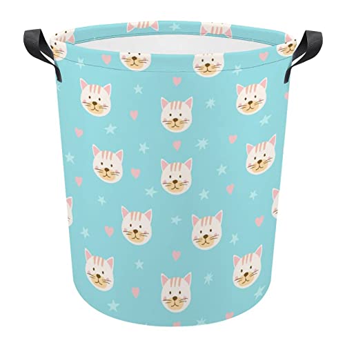 Cat Faces and Stars Foldable Laundry Basket Waterproof Hamper Storage Bin Bag with Handle 16.5"x 16.5"x 17"