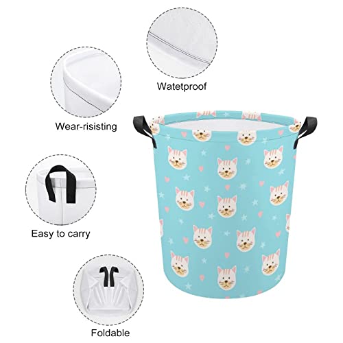 Cat Faces and Stars Foldable Laundry Basket Waterproof Hamper Storage Bin Bag with Handle 16.5"x 16.5"x 17"