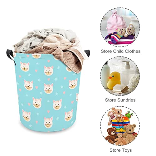 Cat Faces and Stars Foldable Laundry Basket Waterproof Hamper Storage Bin Bag with Handle 16.5"x 16.5"x 17"