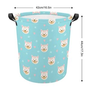 Cat Faces and Stars Foldable Laundry Basket Waterproof Hamper Storage Bin Bag with Handle 16.5"x 16.5"x 17"