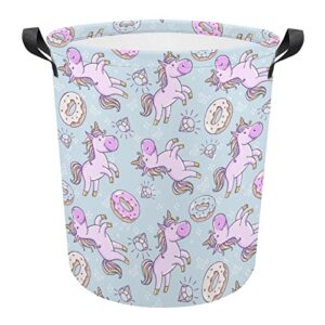 Pink Unicorns Donuts Rainbow Foldable Laundry Basket Waterproof Hamper Storage Bin Bag with Handle 16.5"x 16.5"x 17"