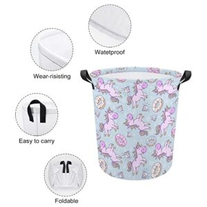 Pink Unicorns Donuts Rainbow Foldable Laundry Basket Waterproof Hamper Storage Bin Bag with Handle 16.5"x 16.5"x 17"