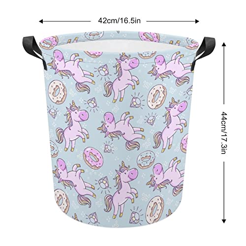 Pink Unicorns Donuts Rainbow Foldable Laundry Basket Waterproof Hamper Storage Bin Bag with Handle 16.5"x 16.5"x 17"